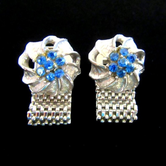 Vintage blue rhinestone silver tone ribbons unisex wrap cufflinks - Picture 3 of 7